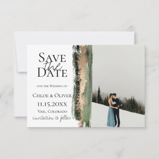 Forest Green Golden Brush Photo Save the Date Aankondiging (Voorkant)