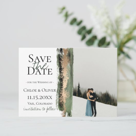 Forest Green Golden Brush Photo Save the Date Aankondiging (Staand voorkant)