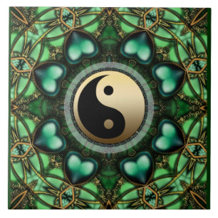 Forest Green Hearts Gold Yin Yang Ceramic Tile Tegeltje