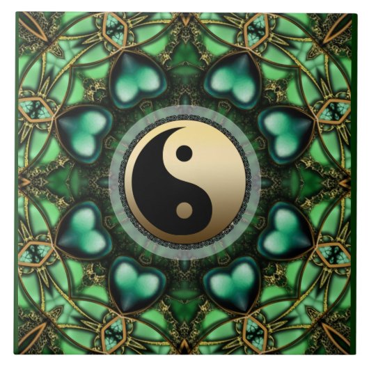 Forest Green Hearts Gold Yin Yang Ceramic Tile Tegeltje (Voorkant)