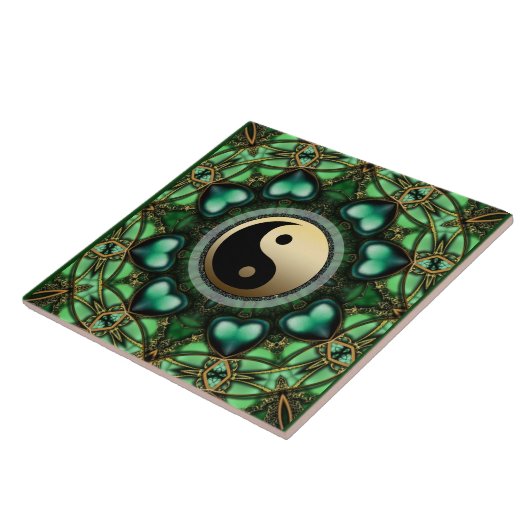 Forest Green Hearts Gold Yin Yang Ceramic Tile Tegeltje (Zijkant)