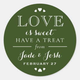 Forest Green Hearts Love is Sweet Wedding Favor Ronde Sticker