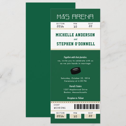 Forest Green Hockey Ticket Wedding Invitation Kaart (Voorkant / Achterkant)