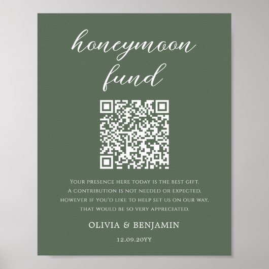 Forest Green Honeymoon Fund QR Code Wedding Sign Poster (Voorkant)