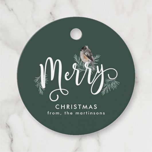 Forest Green Kerstmis met Cozy Bird Holiday Bedankjes Labels (Voorkant)