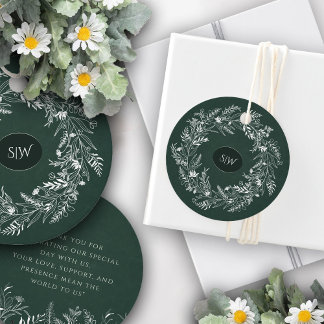 Forest Green Leafy Wreath Monogram Nature Bedankjes Labels
