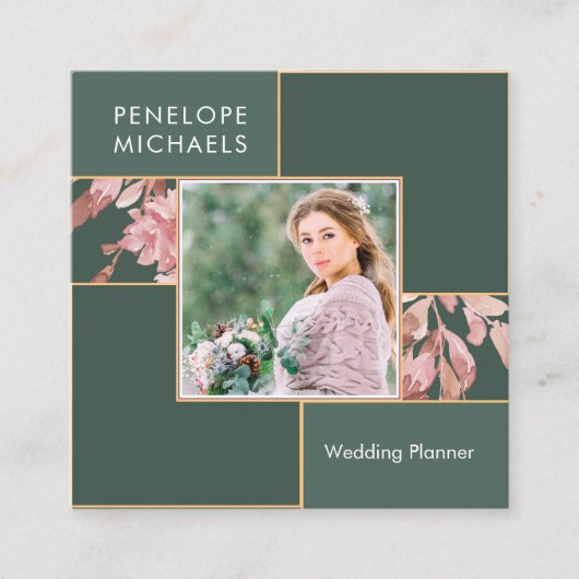 Forest Green met Blush Leaves Grid met Foto Vierkante Visitekaartje (Voorkant)