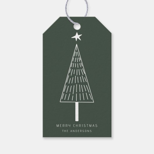 Forest Green Minimal Christmas Pine Tree Cadeaulabel (Voorkant)