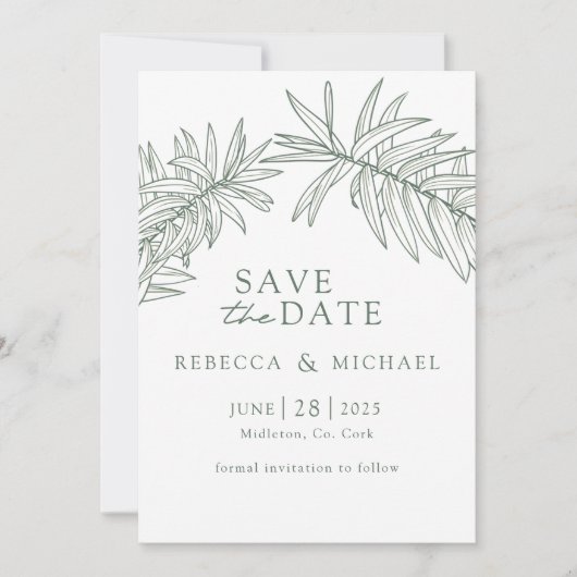 Forest Green Minimalist Botanical Save The Date (Voorkant)