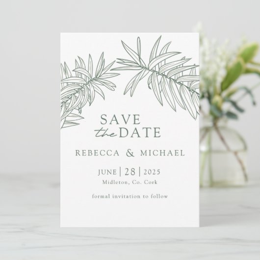 Forest Green Minimalist Botanical Save The Date (Staand voorkant)