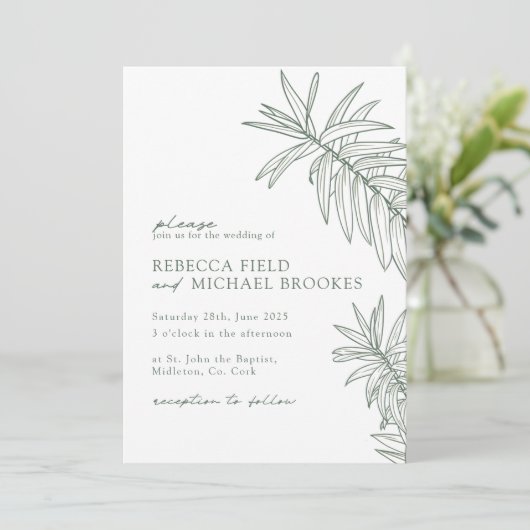 Forest Green Minimalist Botanical Wedding Kaart (Staand voorkant)