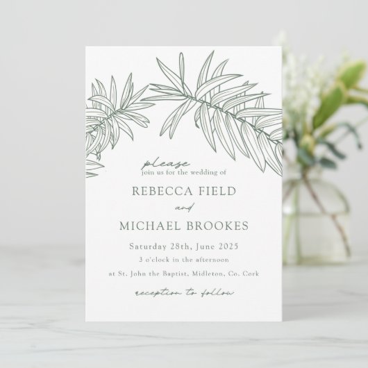 Forest Green Minimalist Botanical Wedding Kaart (Staand voorkant)
