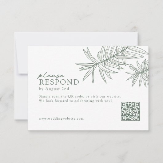 Forest Green Minimalist Botanische QR-code RSVP Kaartje (Voorkant)