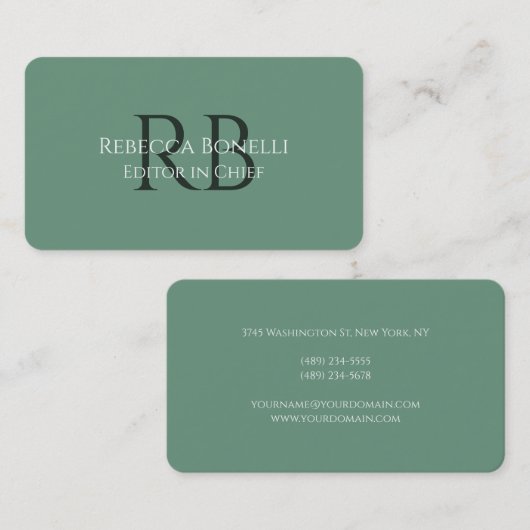 Forest Green Minimalist Monogram Hoofdredacteur Visitekaartje (Voorkant / Achterkant)