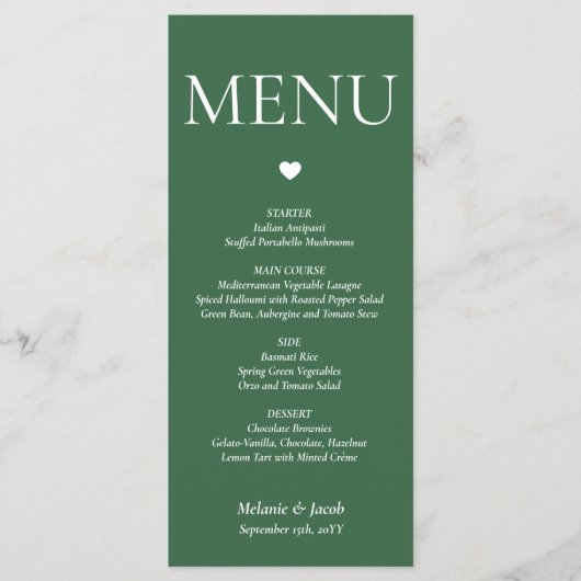 Forest Green Minimalist Wedding Menu Flat Kaart (Voorkant)