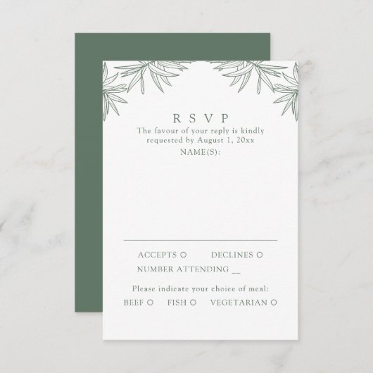 Forest Green Modern Minimale Botanische Maaltijd RSVP Kaartje (Voorkant / Achterkant)