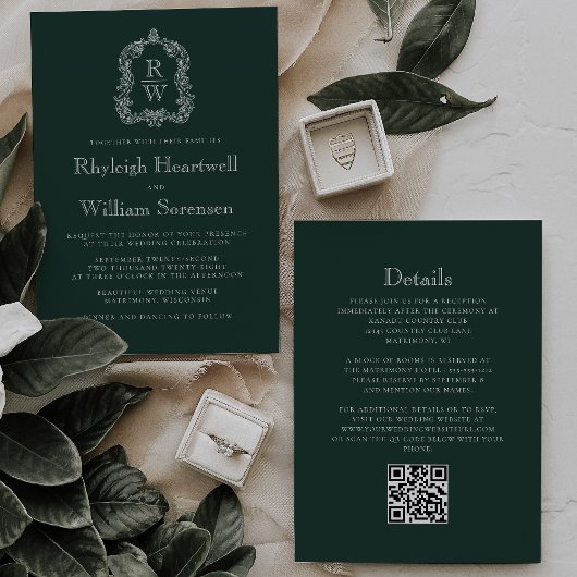 Forest Green Monogram Crest QR Code Wedding Kaart