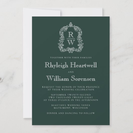 Forest Green Monogram Crest QR Code Wedding Kaart (Voorkant)