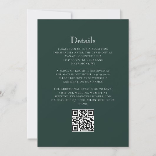 Forest Green Monogram Crest QR Code Wedding Kaart (Achterkant)
