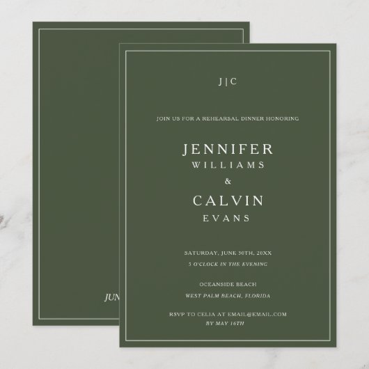 Forest Green Monogram repetitie diner uitnodiging (Voorkant / Achterkant)