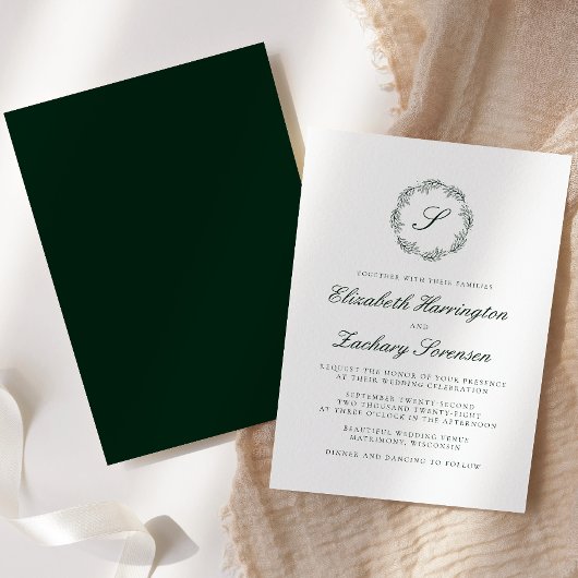 Forest Green Monogram Wreater Script Invitation Kaart