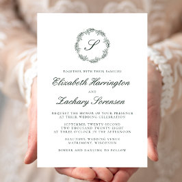 Forest Green Monogram Wreater Script Invitation Kaart