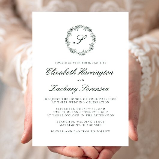 Forest Green Monogram Wreater Script Invitation Kaart