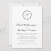 Forest Green Monogram Wreater Script Invitation Kaart (Voorkant)