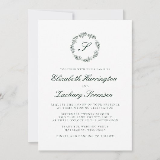 Forest Green Monogram Wreater Script Invitation Kaart (Voorkant)