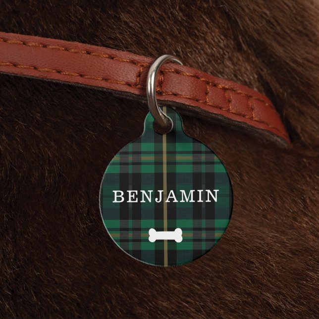 Forest Green Pset Pattern Dog Bone & Monogram Huisdierpenning (Creator heeft geüpload)