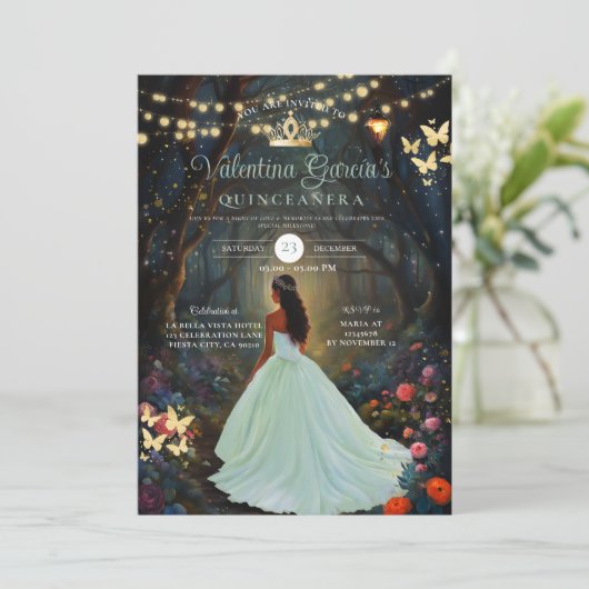 Forest Green Quinceañera 15 Anos Bloemen Goud Kaart (Staand voorkant)