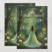 Forest Green Quinceañera 15 Anos Gouden Kroon Kaart (Voorkant / Achterkant)