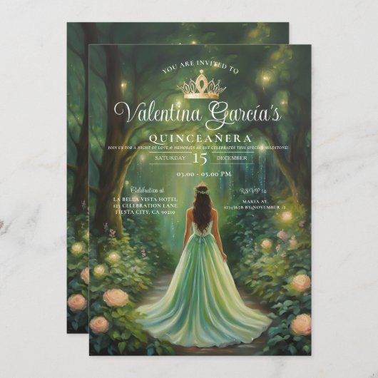 Forest Green Quinceañera 15 Anos Gouden Kroon Kaart (Voorkant / Achterkant)