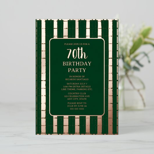 Forest Green Roos Gold 70e aangepaste verjaardagsf Folie Uitnodiging (Staand Voorkant)