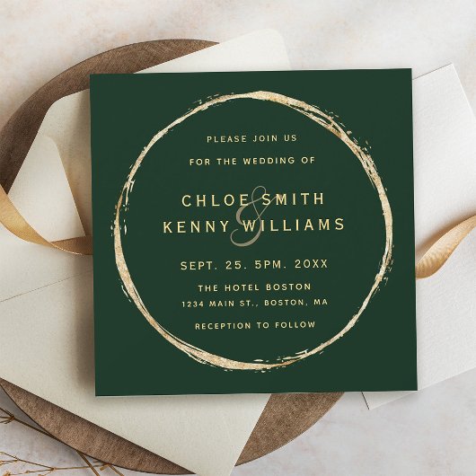 Forest Green Rustic Gold Circle Wedding Square Kaart