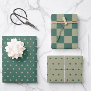 Forest Green & Sage Checkerboard en Dot Patterns Inpakpapier Vel