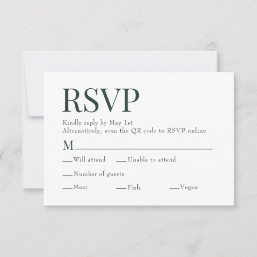 Forest Green Scan QR Code Maaltijdkeuze Trouwen RSVP Kaartje (Voorkant)