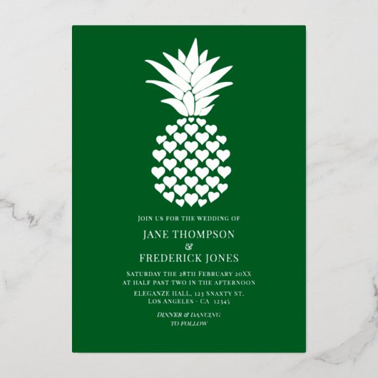 Forest Green & Silver Tropical Pineapple Wedding Folie Uitnodiging (Voorkant)