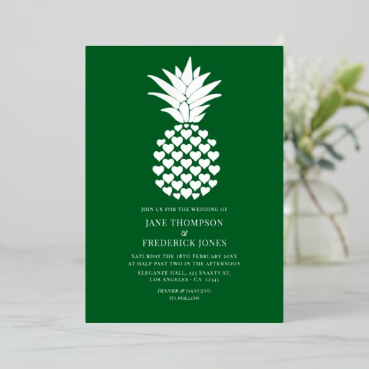 Forest Green & Silver Tropical Pineapple Wedding Folie Uitnodiging (Staand Voorkant)