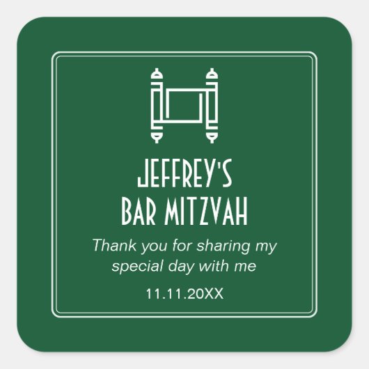 Forest Green Simple Torah Bar Mitzvah Vierkante Sticker (Voorkant)