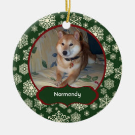 Forest Green Snowflakes Personated Photo Round Keramisch Ornament