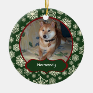 Forest Green Snowflakes Personated Photo Round Keramisch Ornament