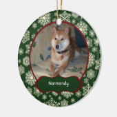 Forest Green Snowflakes Personated Photo Round Keramisch Ornament (Links)