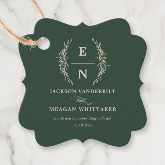 Forest Green Stacked Initialen Monogram bruiloft Bedankjes Labels (Voorkant)