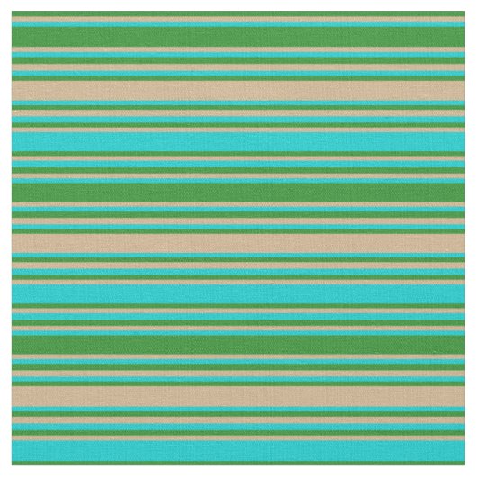 Forest Green, Tan en Dark Turquoise Lines Stof (Close Up)