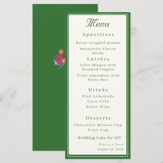 Forest Green Two Hearts Catholic Wedding Menu (Voorkant / Achterkant)