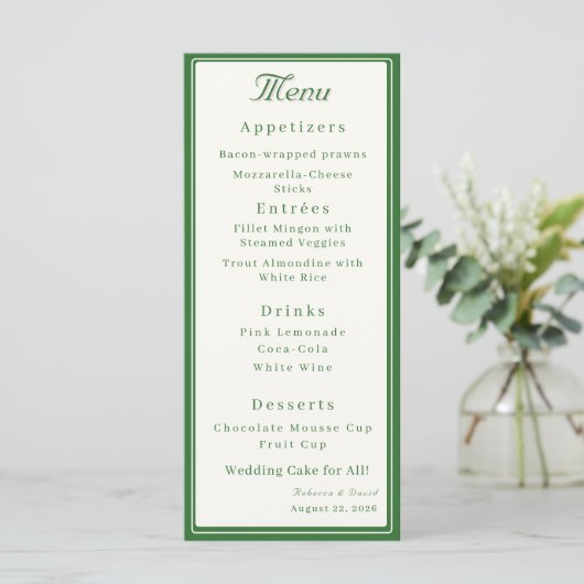 Forest Green Two Hearts Catholic Wedding Menu (Staand voorkant)