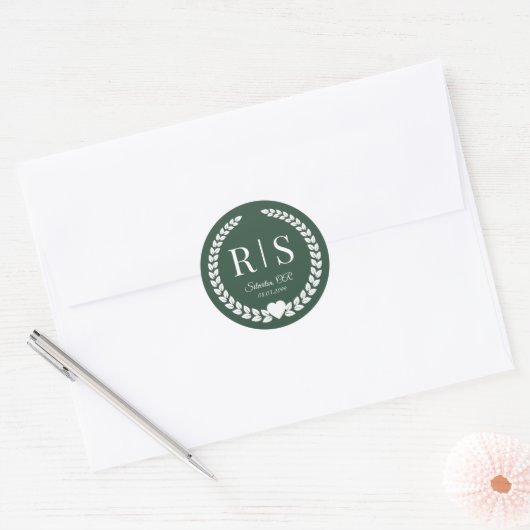 Forest Green Wedding Monogram Initials Ronde Sticker (Envelop)
