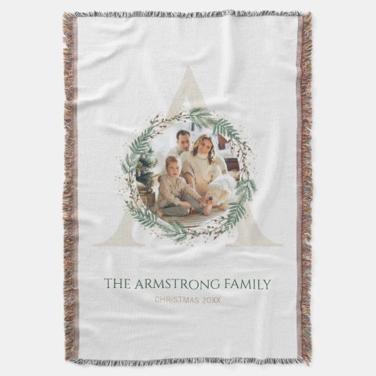 Forest Green Wreath Gold Monogram Photo Keepsake Deken (Voorkant Verticaal)