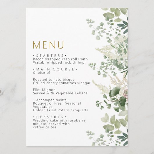 Forest Greenery Leves Floral Wedding Menu (Voorkant)